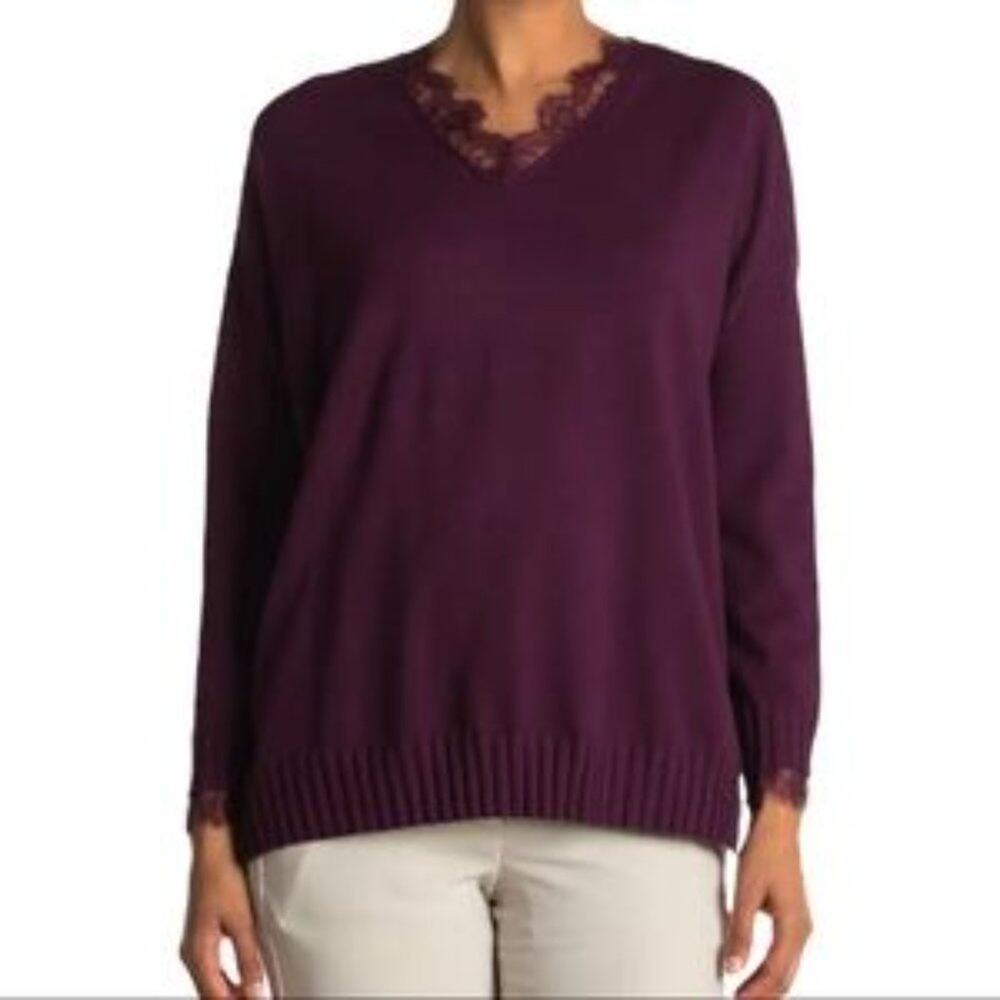 Adrianna Papell Purple Lace Trim V Neck Sweater Size L